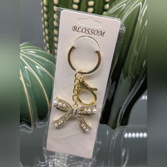 Accessories - Gold Bow Keychain/Bagcharm w/ Rhinestones And Pearls